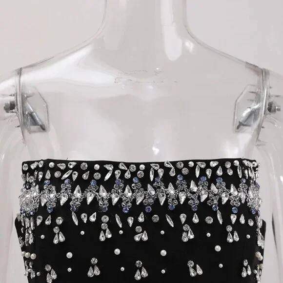Stunning Embellished Crystal Bodice Midi Dress/Black Gown - Picture 6 of 6